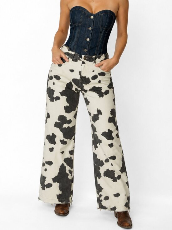 wild fable Denim - Cow Print Brown & Cream Women’s Trendy Western Denim High Rise Wide Leg Size XS